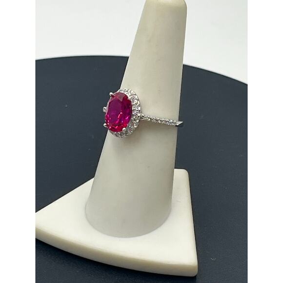 SW 925 CZ Sterling Silver Lab Created Red Ruby and CZ Halo ring Sz 7.5 - Picture 2 of 10